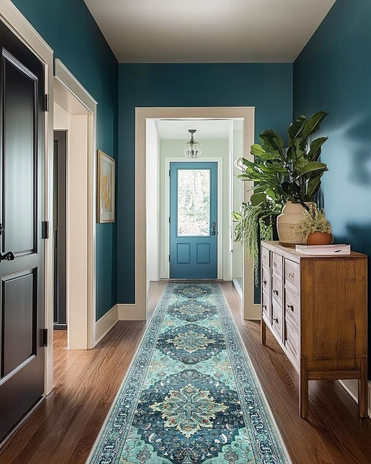 Area Rugs 2'x10' Washable Non-Slip, Floral Vintage Distress Print Pattern Medallion Carpet for Living Room Bedroom Dining Room, Teal Green Lake Blue Turquoise