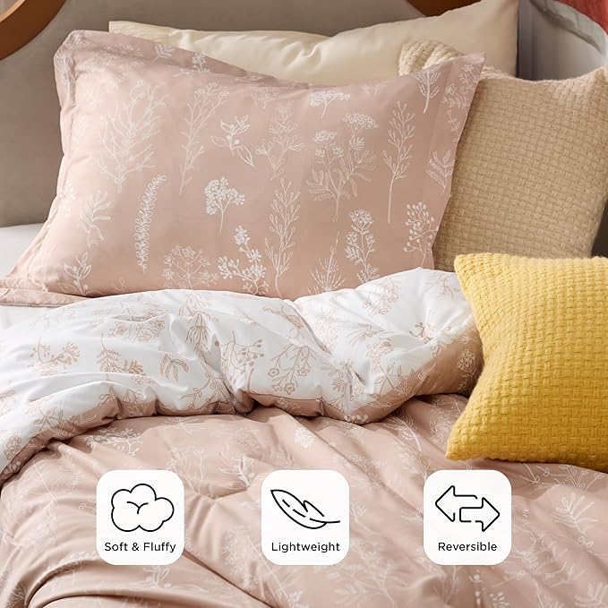 Bedsure Twin/Twin XL Comforter Set - Dusty Rose Bed Set, 2 Pieces Cute Floral Bedding, 1 Soft Reversible Botanical Flowers Comforter and 1 Pillow Sham