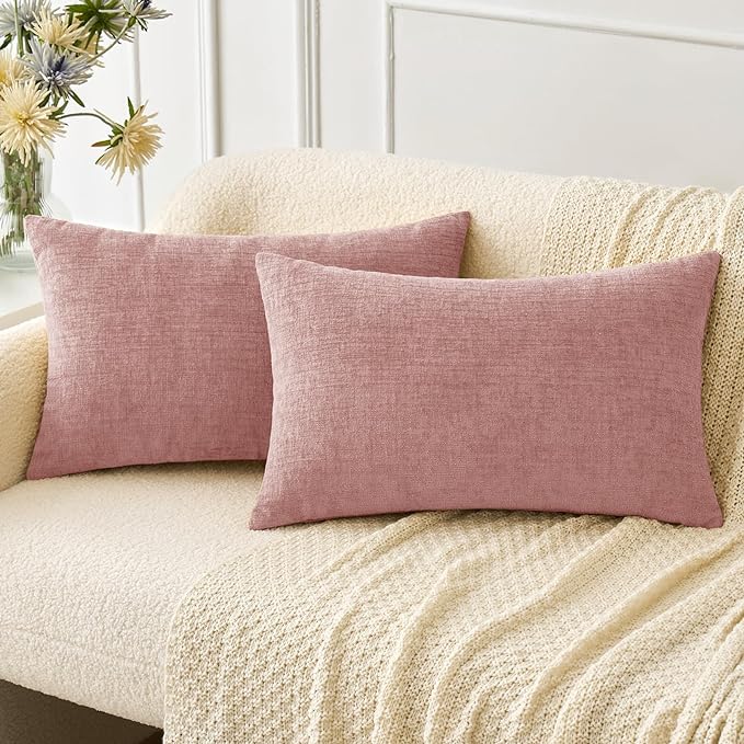 MIULEE Pack of 2 Couch Valentines Throw Pillow Covers 12x20 Inch Soft Spring Blush Pink Chenille Pillow Covers for Sofa Living Room Solid Dyed Pillow Cases