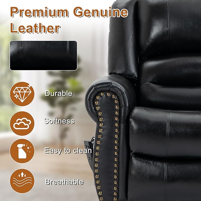 Power Lift Recliner Chair for Elderly, Dual Motor Massage Recliner with Lumbar Heat, Heavy Duty Motion Mechanism Lift Chair with Charge Ports, Genuine Leather - Black