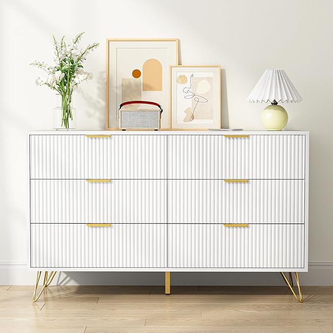 White 6 Drawer Dresser with Golden Handle, Fluted Wood Dressers, Modern Chest for Bedroom, Living Room, Hallway, Entryway