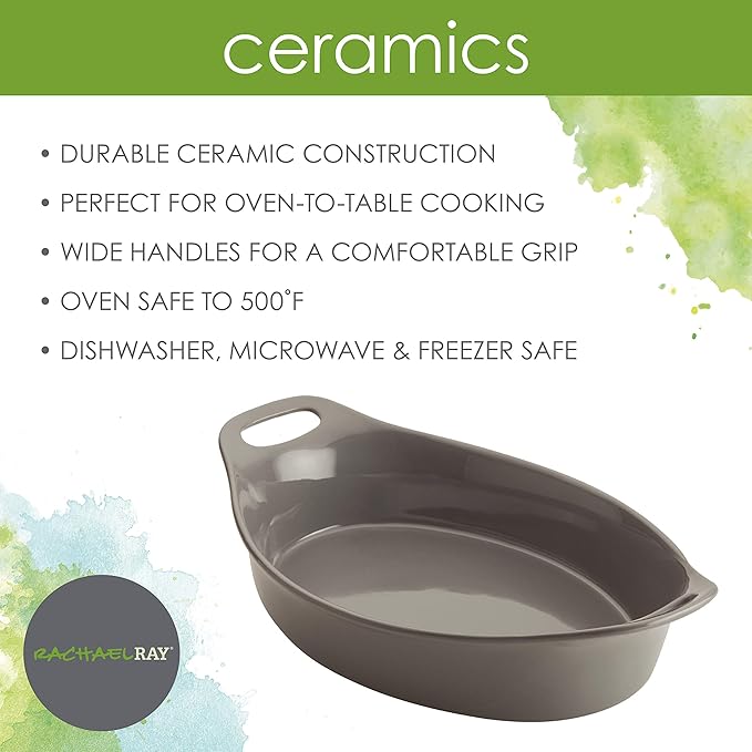 Rachael Ray Solid Glaze Ceramics Au Gratin Bakeware / Baker Set, Oval - 2 Piece, Gray