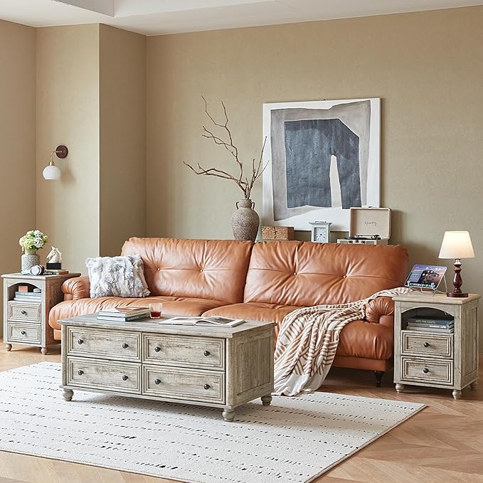 Farmhouse Dressers & Night Stand Set of 3, Wood 54" Wide 7 Drawer Dresser & 35.5"Tall Chest of Drawers, 18" with Charging Station Nightstand, Bedroom Furniture Dresser Set for Home Living Room Hallway