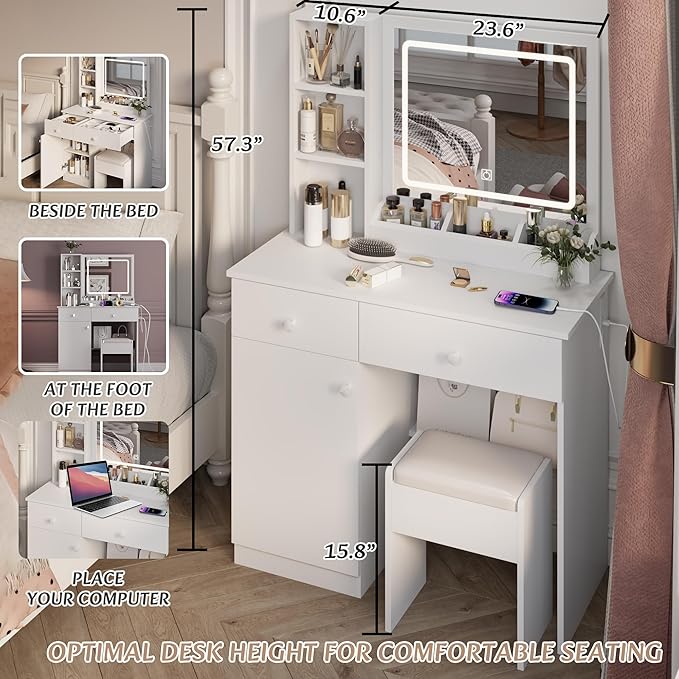 Dressing Table Set, Large Storage Space vanity with Mirror, Power Outlet, Makeup Vanity Bench with 2 Drawers Cushioned Stool for Beauty Storage & Cosmetics, Vintage Vanity Desk for Women (White)