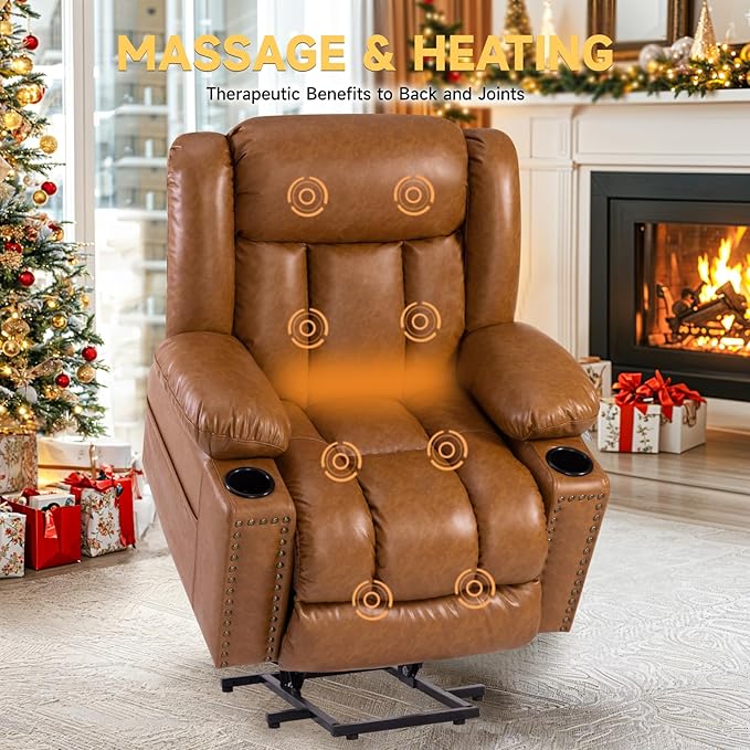 Large Power Lift Chair Recliner for Elderly with Heated and Massage, Overstuffed Adjustable Lift Chair, 3 Position, Breathable Leather, USB-A&USB-C, Cup Holder (Tall Man-7523, Caramel)