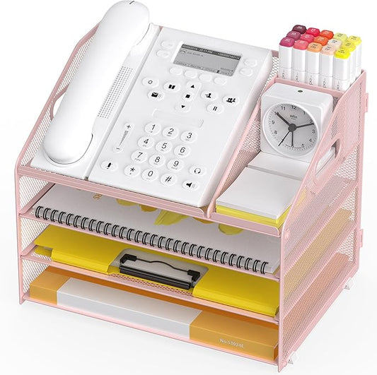 Letter Tray Paper, 4 Tier Desk Organizer with Pen Holder and Handle, Mesh File Organizer Paper Sorter Metal Desktop Document Shelf for Office Home Classroom - Pink
