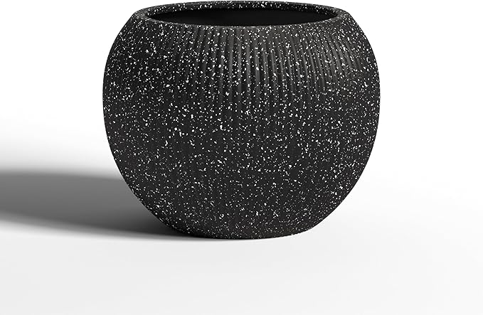 DTY Signature Mount Sherman Modern Indoor Outdoor Fiberstone Sphere Planter, Durable Round Garden Pot, Weather Resistant, Drainage Hole & Rubber Plug,Planter for Christmas Tree (Ribbed Black, Large)