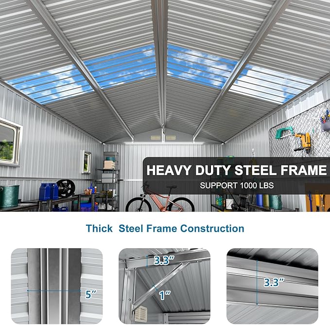 10x10 FT Metal Shed Large Waterproof Outdoor Tools Storage with Clear Roof Windows Air Vent Door for Outside Garden Patio Lawn Backyard to Store Bikes,Lawnmower,Garage,Dark Grey