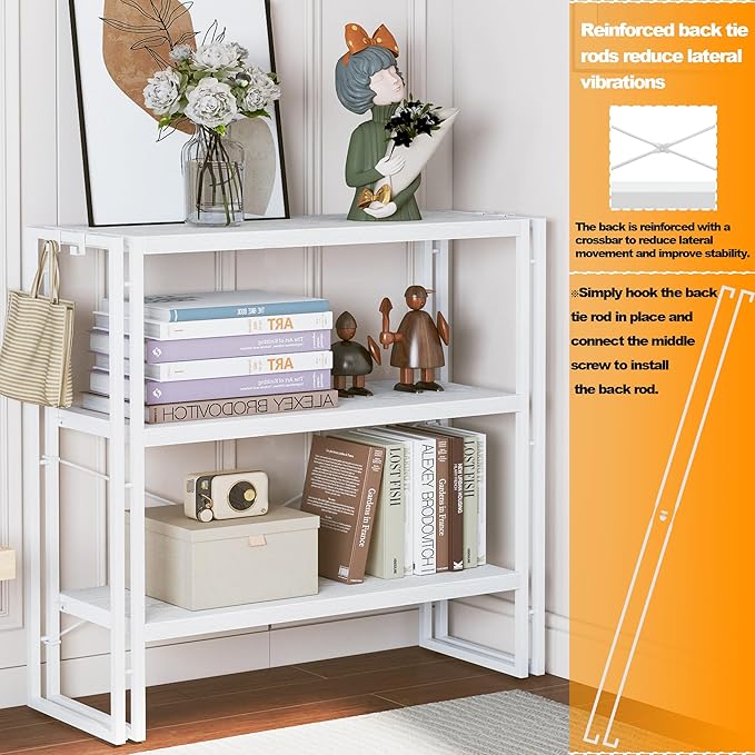 HCHQHS Bookshelf, 3-Tier Industrial Bookcase, White Open Book Shelf, Freestanding Horizontal Bookshelves with Metal Frame