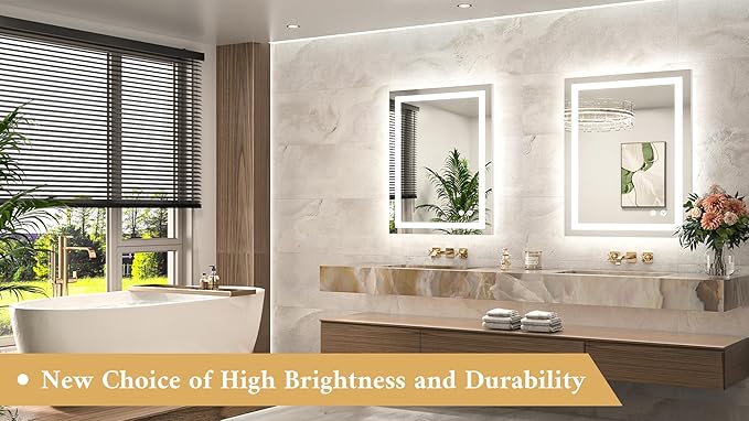 TETOTE LED Bathroom Mirror 24 x 32 Brighter Front and Backlit LED Bathroom Vanity Mirror with Lights, Frameless Lighted Anti Fog Wall Mounted Mirror, 3-Color Dimmable, Tempered Glass, Waterproof
