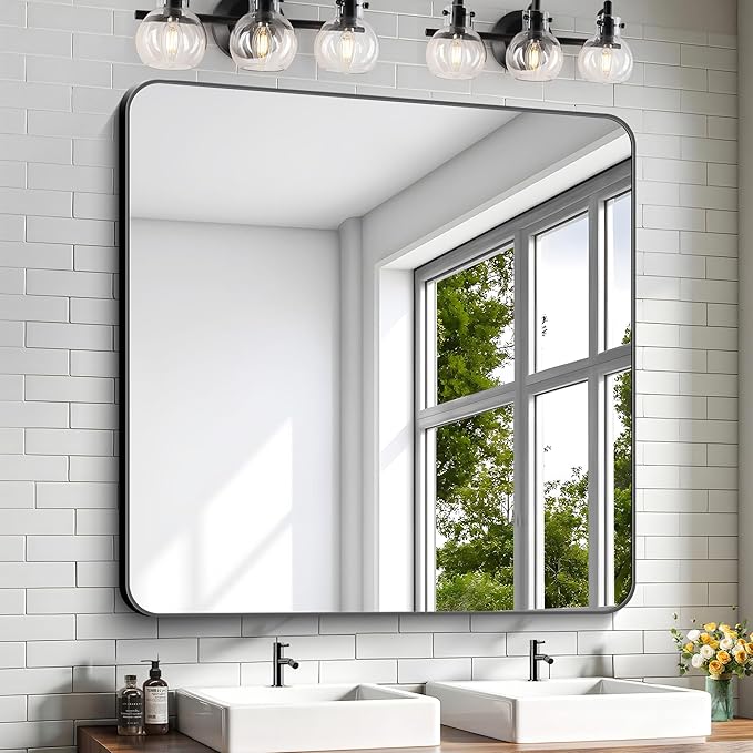 KOCUUY 42"x42" Large Square Vanity Mirror, Black Metal Frame Mirror with Rounded Corner, Modern Design of Upgraded Shatterproof Glass for Bathroom, Bedroom, Living Room, Entryway
