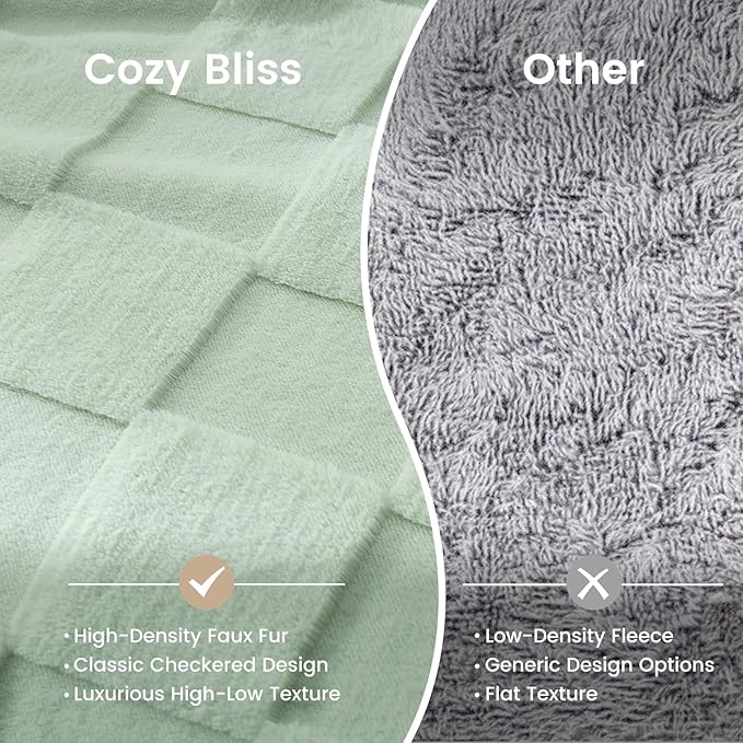 Cozy Bliss Checkered Large Faux Rabbit Fur Sage Green Twin Bed Blanket, Soft Fuzzy Fluffy Minky Furry Blankets for Couch, Bed, Adults (60 * 80 Inches Light Green)