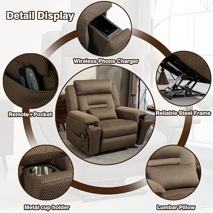 28 Inch Extra Wide Recliner Lay Flat 180°, Big Man 400lbs Oversized, Power Lift Recliner with Heat and Massage for Elderly, Large Heavy Duty Recliners with Cup Holders and Wireless Phone Charger