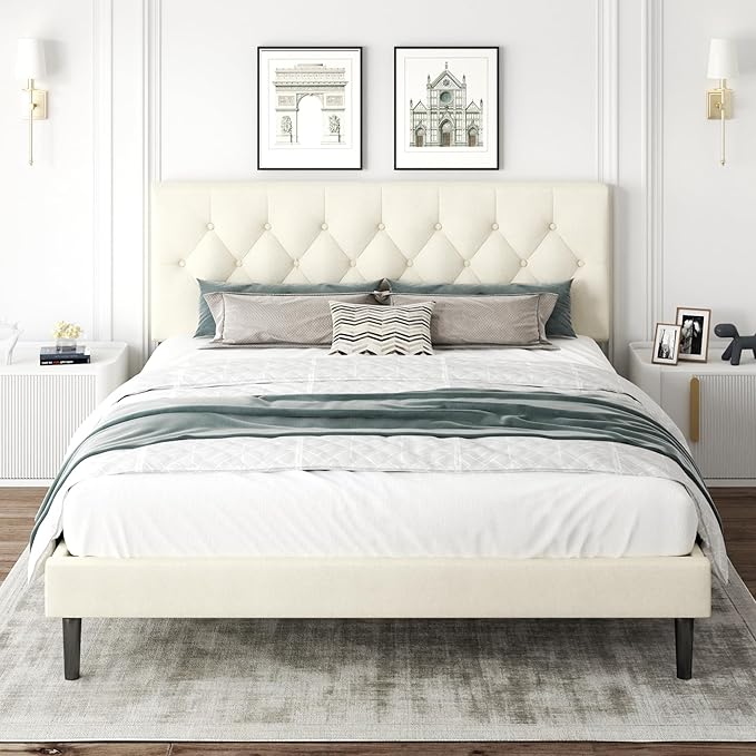 King Size Bed Frame with Upholstered Headboard, Button Tufted Design, Strong Wooden Slats, No Box Spring Needed, Easy Assembly, Noise Free