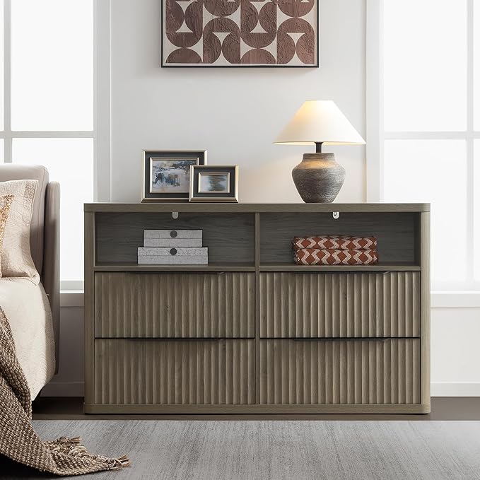 SICOTAS Dresser for Bedroom - Dressers & Chests of Drawers with 4 Drawers Large Modern Dresser for Closet with Open Shelf Fluted Wide TV Stand Clothes Closet Storage for Bedroom Hallway Entryway