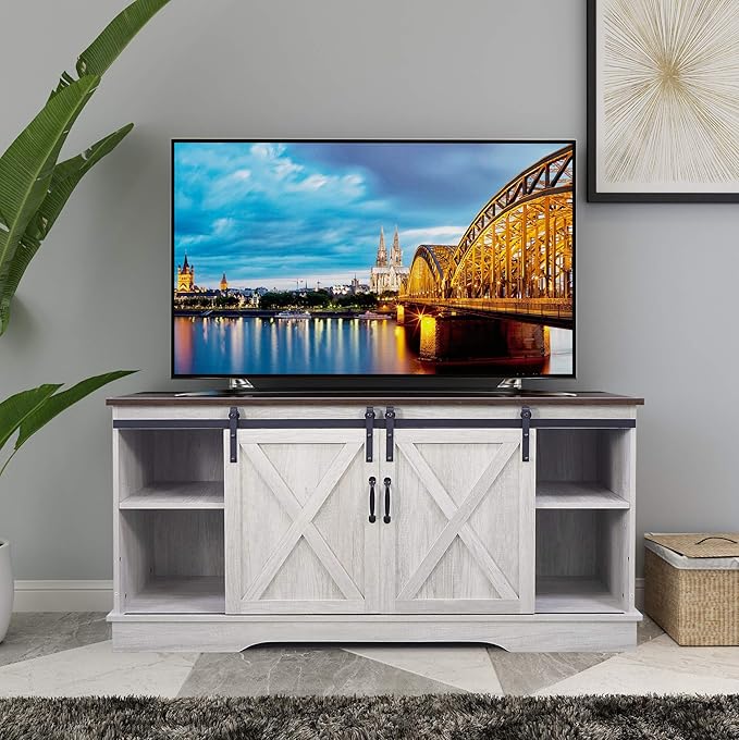 Rainbow Sophia TV Stand, Storage Cabinet with Sliding Barn Doors and Adjustable Shelves, Modern 28”H, Sargent Oak