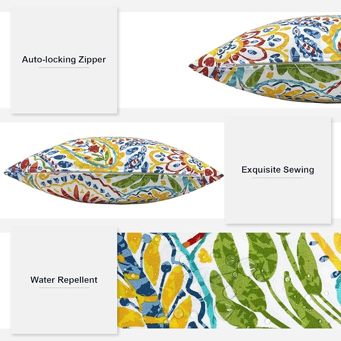 Patio Throw Pillows with Inners, Fade Resistant Square Pillow Pack of 2, Decorative Garden Cushions for Home, 18x18 Inch,Paisley Multi