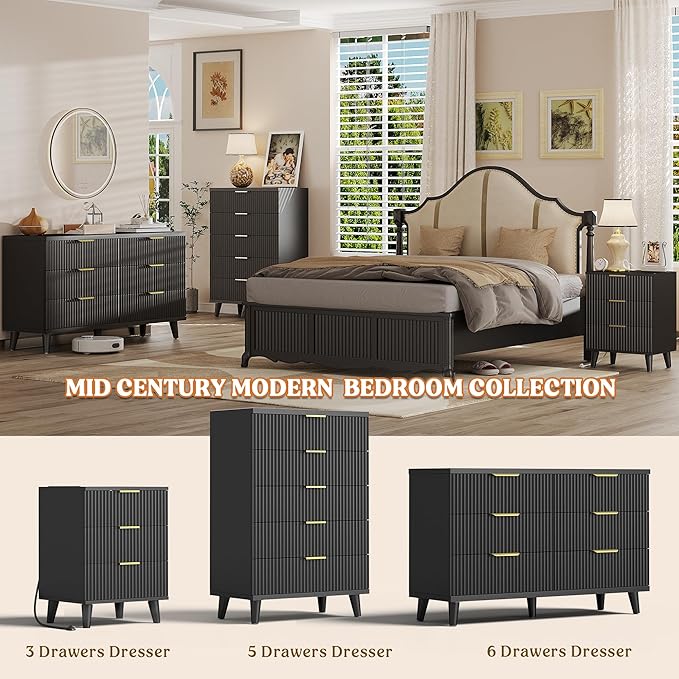 Lulive Wood 3 Drawers Dresser Fluted Night Stand with Charging Station, Natural Nightstand 3 Storage Drawers Dresser Modern Side Table, Bedside Table for Bedroom, Living Room