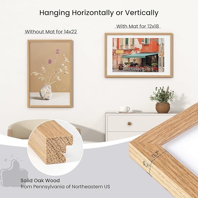 Axeman 14x22 Frame | Solid Oak Wood 14x22 Picture Frame With Mat for 12x18 | 22x14 Wood Poster Frame | Tempered Glass and Hanging Hardware Included Home Wall Decor Art Hanging Frame | Natural