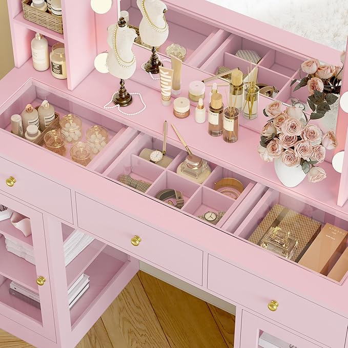 Makeup Vanity Desk with Mirror and Lights, Pink Vanity with Glass Top, LED Lights & Power Outlet, 3 Drawers & 2 RGB Glass Cabinets, Adjustable Lighted Dressing Table for Women & Girls Bedroom