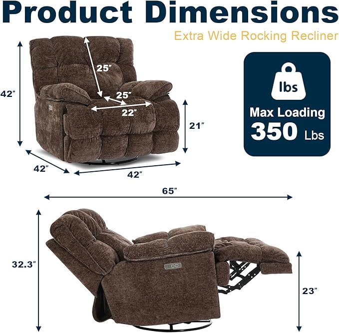 GINGO Power Oversized Recliner Chair, Extra Wide Swivel Rocking Recliner Chair, Breathable Soft Fabric Modern Single Sofa for Living Room, 90°-140° Electric Adjustable Angle, USB & Type-C Port, Brown