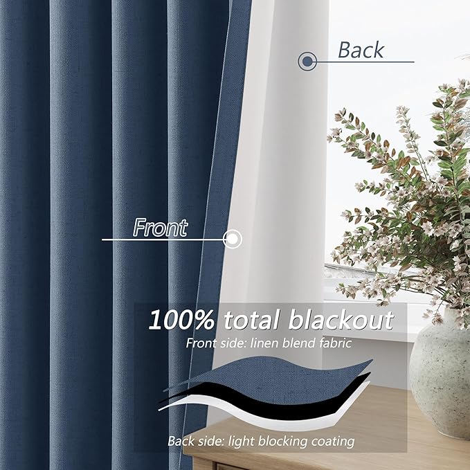 Guken Blackout Curtains 63 Inch Length 2 Panels Set for Living Room Bedroom Back Tab Thermal Insulated 100% Black Out Linen Drapes Room Darkening Window Curtains 63 Inches Long,Denim Blue