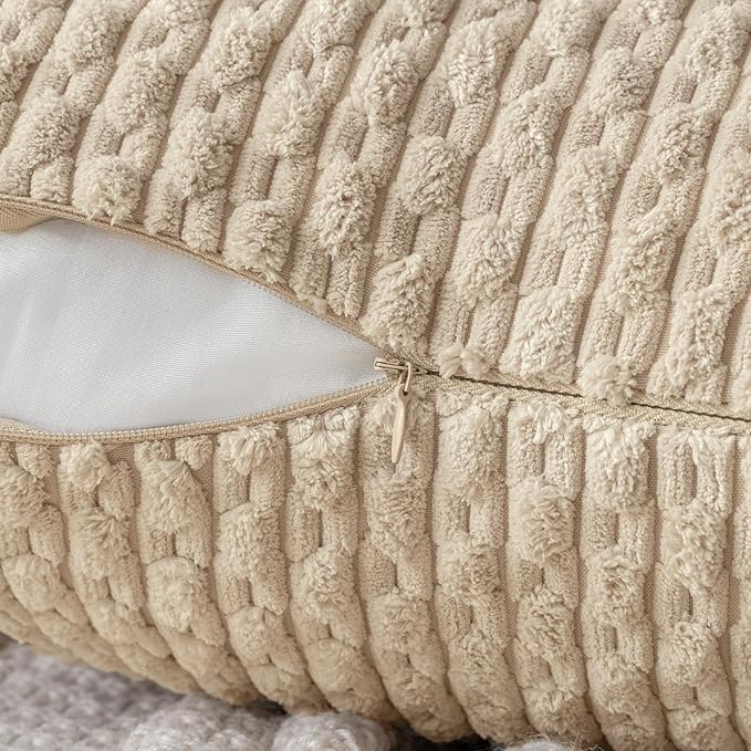 MIULEE Throw Pillow Covers Soft Corduroy Decorative Set of 2 Boho Summer Striped Pillow Covers Pillowcases Farmhouse Home Decor for Couch Bed Sofa Living Room 20x20 Inch Beige