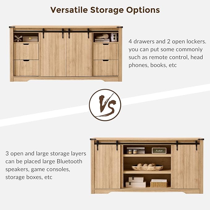 JXQTLINGMU Modern 66" TV Stand, Entertainment Center for TVs Up to 75", Media Console w/4 Drawers & Sliding Door, Luxury Fluted TV Stand w/Storage Shelves, Wood Television Stand for Living Room, Oak