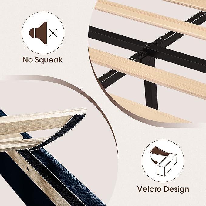 WEEWAY Queen Bed Frame Platform Bed with Linen Fabric Upholstered Headboard and Wooden Slats Support, Heavy Duty Mattress Foundation, No Box Spring Needed, Easy Assembly, Navy Blue