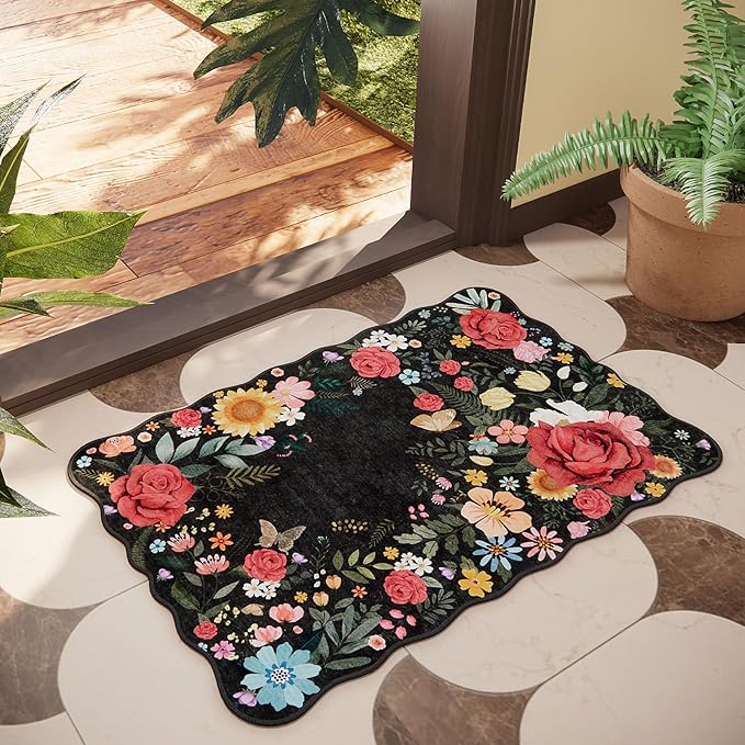 Floral Washable Entryway Rug 2'x3' Non Slip Boho Vintage Indoor Door Mat Low Pile Soft Carpet for Bathroom, Front Door, Kitchen, Laundry Small Spaces Decor (Black)