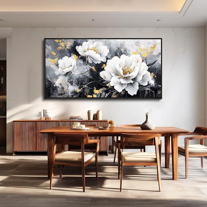 PHAOHUAXM Large Framed Canvas Wall Decor For Living Room Wall Art For Bedroom Modern Abstract Painting Ink-Wash White Flowers With Black Frames Dining Room Home Decor Print Artwork Posters 30"X60"