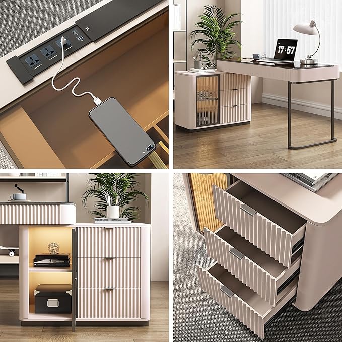 Lartis Office Desk, Very Easy to Assemble, Computer Desk, Home Telescopic Writing Desk, Modern Computer Desk with Retractable Cabinet Built-in LED Lights (Pale Pink, 53 in)