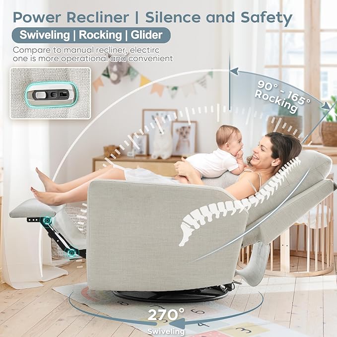 Power Nursery Rocking Chairs, 270° Oversized Swivel Rocker Recliner w/USB & Type-C Charging Port, Rotating Rocking Reclining Nursing Chair for Breastfeeding, Living Room,Bedroom,Beige
