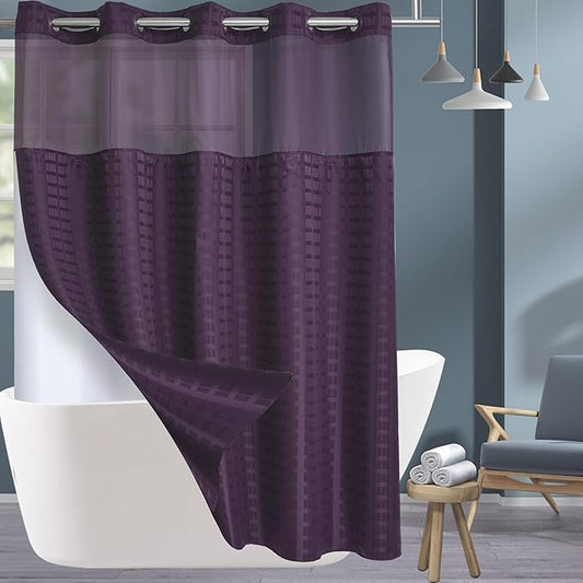 Extra Long No Hook Shower Curtain with Snap in Liner Set, Hotel Luxury Purple Shower Curtains for Bathroom with See Through Top Window, Waterproof, Washable 71W x 84H
