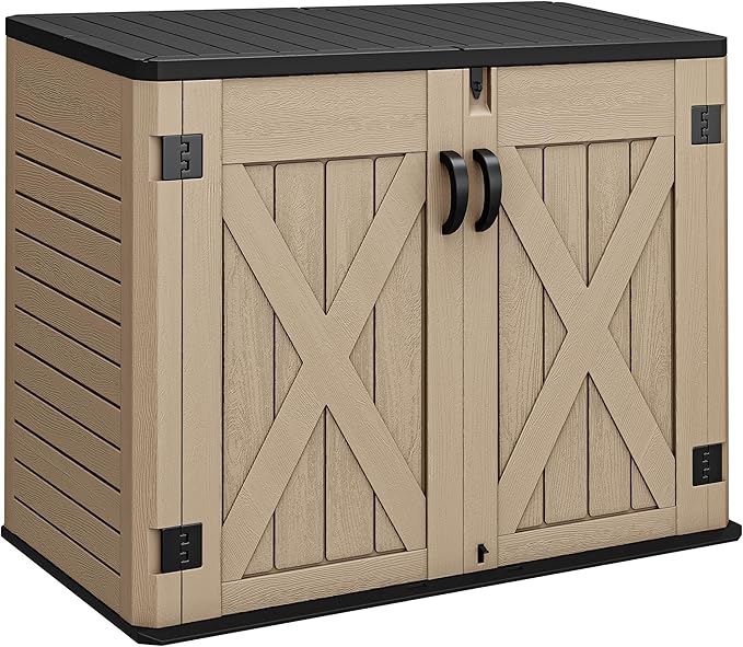 YITAHOME Outdoor Horizontal Storage Shed with X-Shaped Lockable Door, 35 Cu Ft Weatherproof Resin Tool Shed w/o Shelf, Ideal for Bike, Trash Cans, Garden Tools, Lawn Mowers, Brown