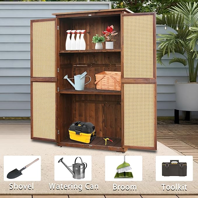 60 Inches Outdoor Storage Shed, Wood Shed with Rattan Indoor Storage Cabinet with Floor, Adjustable Shelves for Patio, Garden,Lawn and Living Room, Carbonized Black