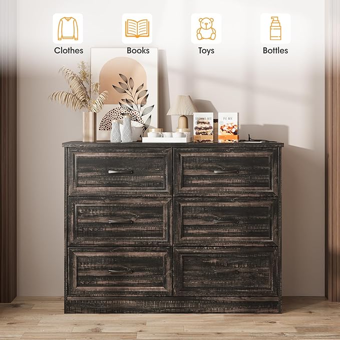 Fameill Dresser for Bedroom, 6 Drawer Wide Dressers Organizer with Charging Station for Hallway with Metal Handles, Dark Brown