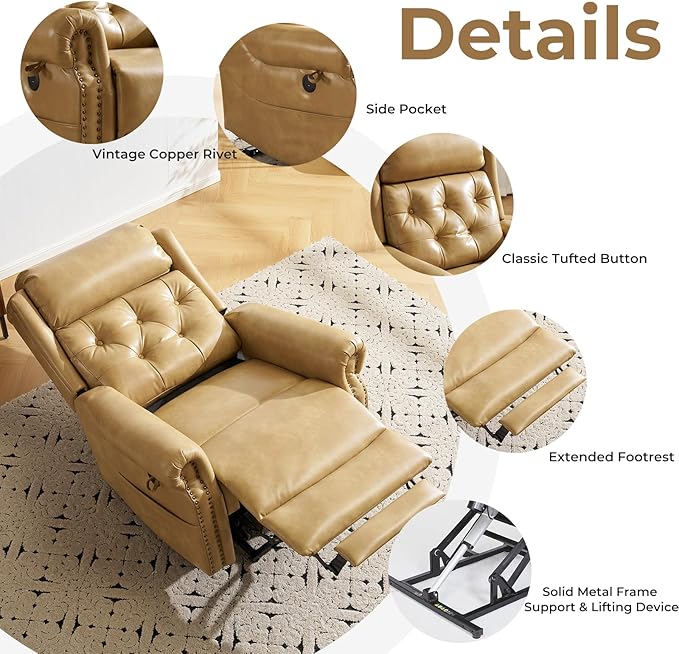 Large Power Lift Recliner Chair for Elderly, Oversized Lay Flat Recliner with Massage and Heat, Electric Lift Chair with Adjustable Headrest, Extended Footrest, USB Ports, Beige