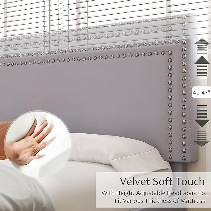 VECELO Full Size Bed Frame with Adjustable Upholstered Headboard, Wooden Slats Platform, Noise-Free Design, Easy Assembly