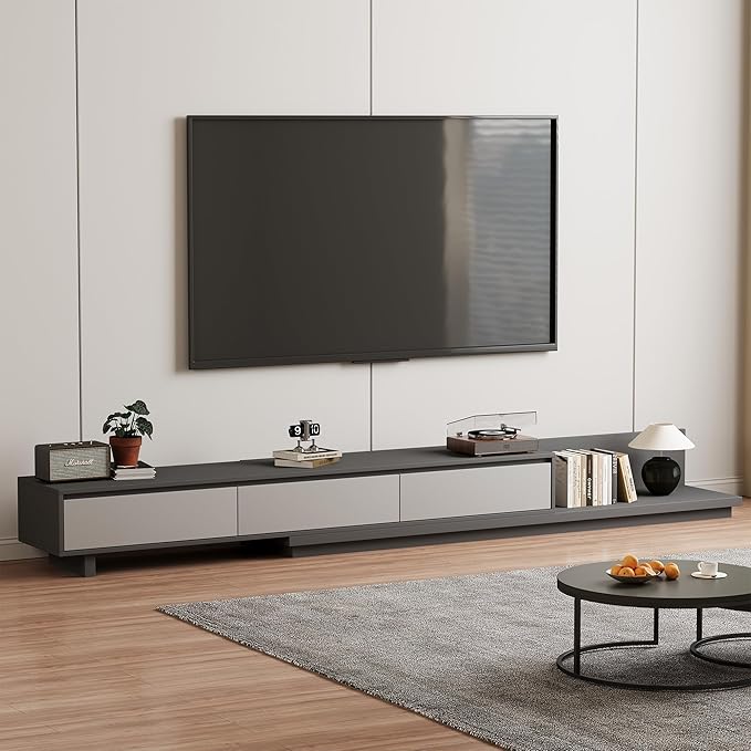 Adjustable TV Stand with 3 Drawers - Mid-Century Modern Extendable Entertainment Center for Living Room or Bedroom(78.7–130"), Stylish Gray Media Console