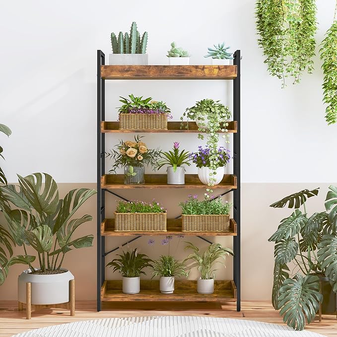 HCHQHS 5 Tier Bookshelf, Adjustable Industrial Bookcase, Vertical Tall Book Shelf, Wood and Black Metal Open Bookshelves for Home Office, Living Room, Bedroom