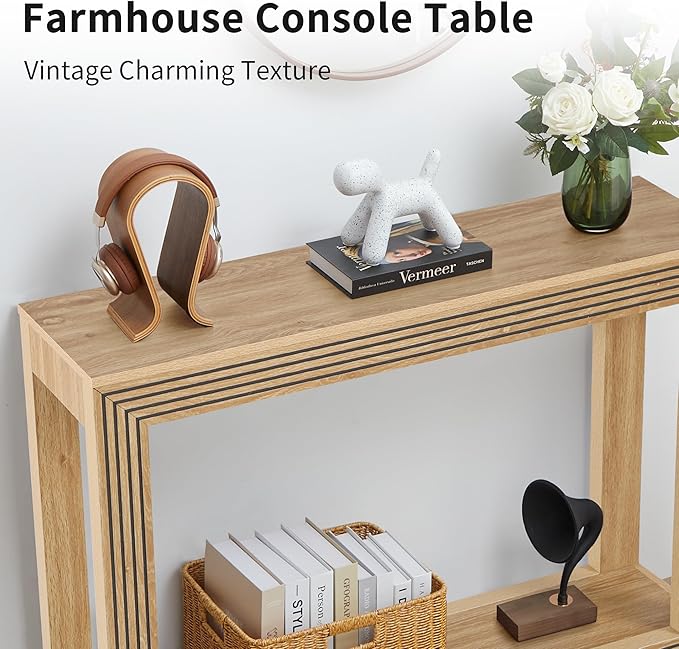 Mid-Century Fluted Console Table with Storage, Narrow Wooden Entryway Sofa Table Behind The Couch Small Entry Table for Entryway, Front Hall, Hallway Living Room, Natural