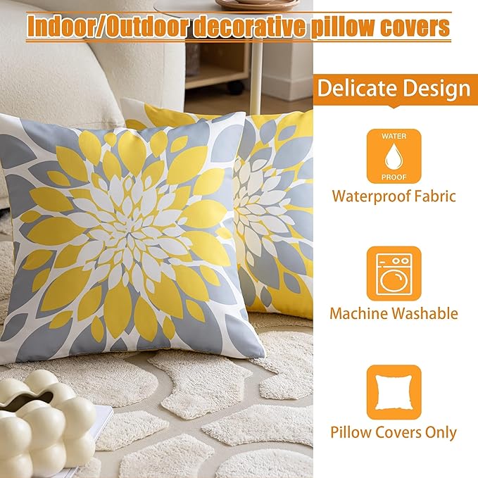 Qahing Pack of 4 Fall Outdoor Waterproof Pillow Covers 20x20 Decorative Outdoor Throw Pillows Garden Square Cushion Cases for Patio Furniture, Couch, Tent Sunbrella, Bench, Mustard Yellow Grey