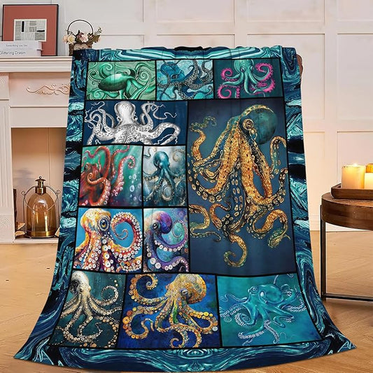 Ocean Octopus Blanket Soft Octopus Flannel Fleece Blanket Cozy Warm Nautical Octopus Stuff Decor Bedding Plush Throw Blanket Octopus Gifts for Lovers Girls Boys Kids Women Adults Bed Travel 50"x60"