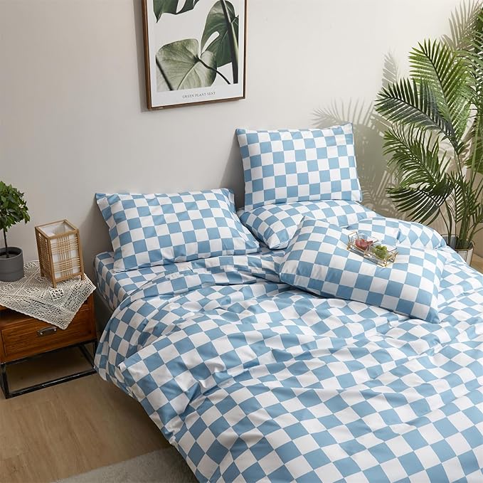 CLOTHKNOW Blue White Plaid Twin/Twin XL Comforter Set 3Pcs Grid Bedding Comforter Sets Blue Comforter Soft Lake Blue Comforter Sets Twin