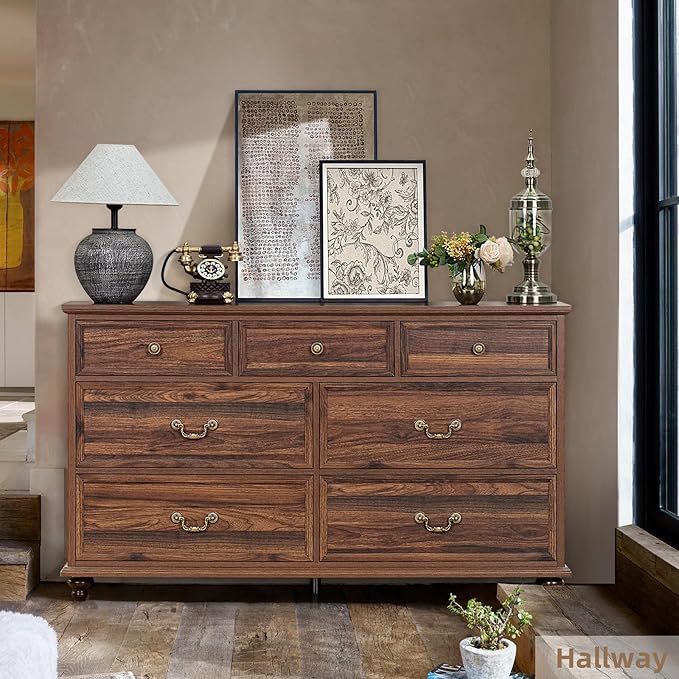 Farmhouse 54" 7 Drawers Dresser for Bedroom, Vintage Wood Chest of Drawers w/ 4 Wooden Legs, Wide Closet Storage Dressers Organizer for Hallway, Rustic Large TV Stand for Living Room, Brown