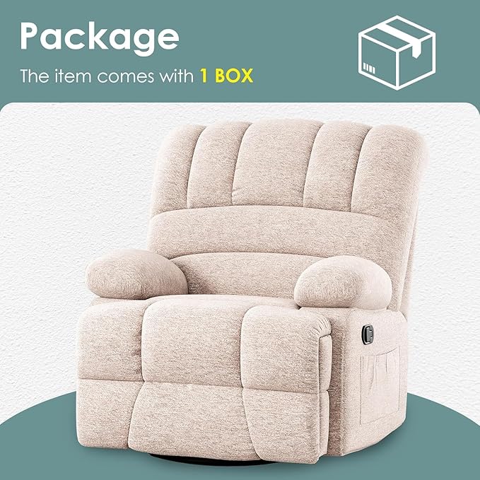 Oversized Rocker Recliner Chair, 360°Swivel Nursery Rocking Chairs with Adjustable Backrest Footrest, Oversized Recliner for Adults, Cashmere Reclining Sofa for Living Room, White