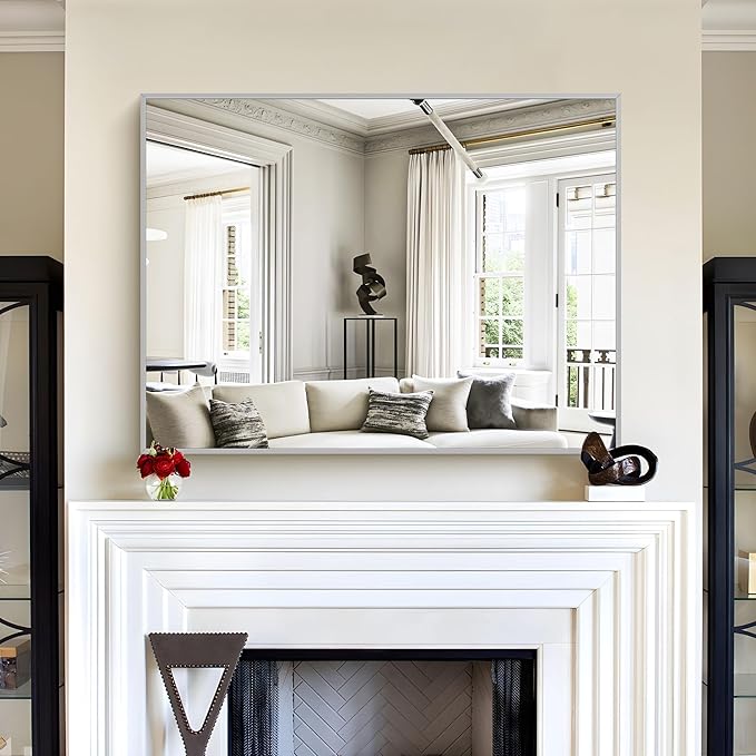 30x40In Silver Bathroom Mirror for Wall, Brushed Nickel Rectangle Mirrors with Metal Frame, Bathroom Rectangular Mirror Modern Wall Mirror for Bedroom Living Room, Hangs Horizontal or Vertical