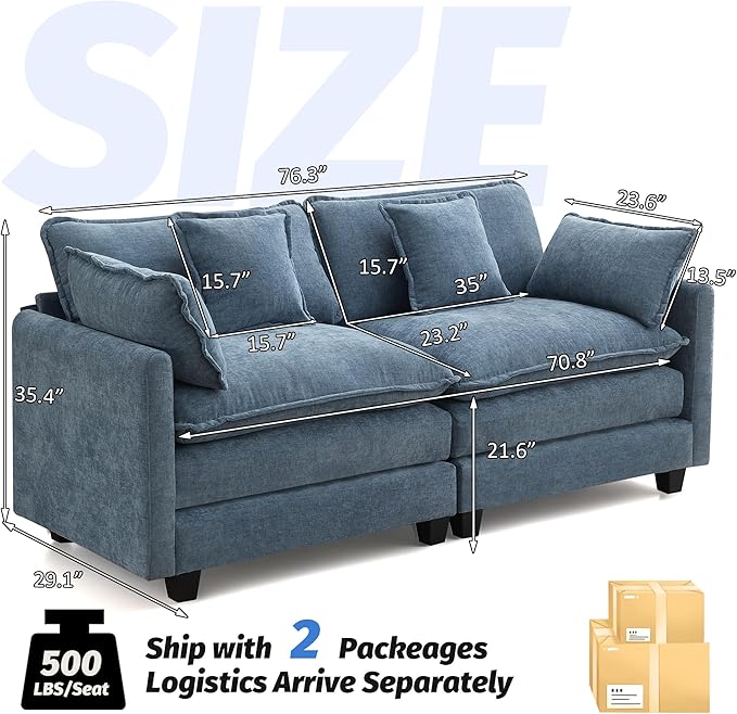 76'' Cloud Deep Seat Loveseat, Upholstered Chenille Modular 2-Seats Sectional Sofa Couch, Modern Comfy Settee Loveseat for Living Room Set, Small Apartment, Blue