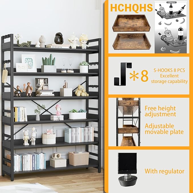 HCHQHS 6 Tier Bookshelf, Adjustable Industrial Bookcase, Vertical Tall Book Shelf, Wood and Black Metal Open Bookshelves for Home Office, Living Room, Bedroom